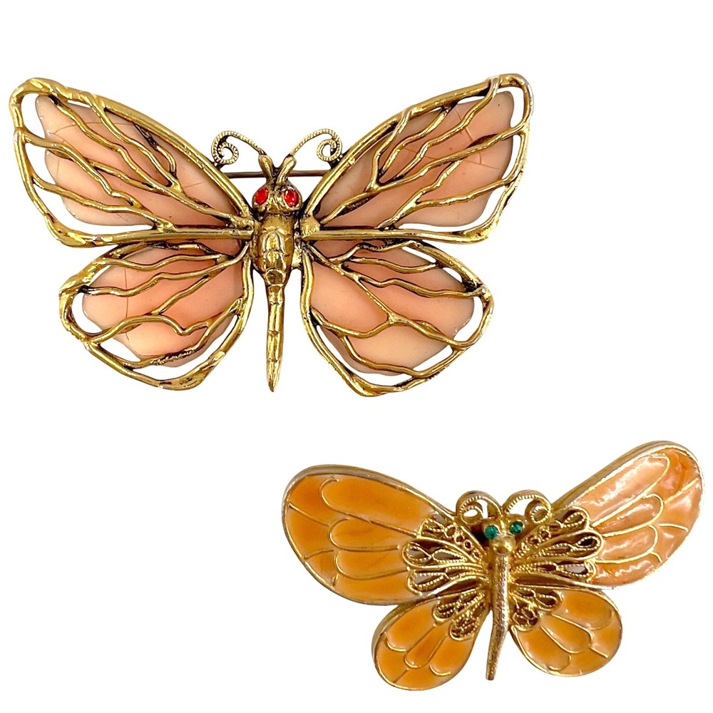 Vintage Butterfly‎ Brooch Set Gold Tone Peach Pink Enamel Rhinestone 2pc